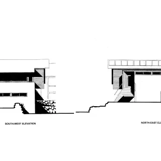 Elevation – the previously illustrated detached addition is shown in its landscape context, the form and materials palette reflecting the existing building