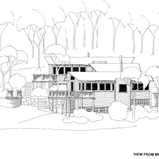 Elevation – this lightweight dwelling comprises several connected pavilions stepping up a steep slope
