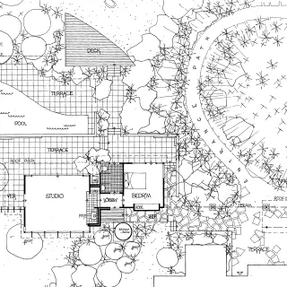 Plan – this plan illustrates a detached addition to an existing home in its garden setting